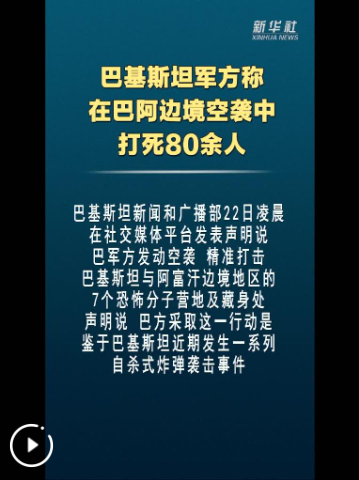 巴基斯坦军方称在巴阿边境空袭中打死80余人