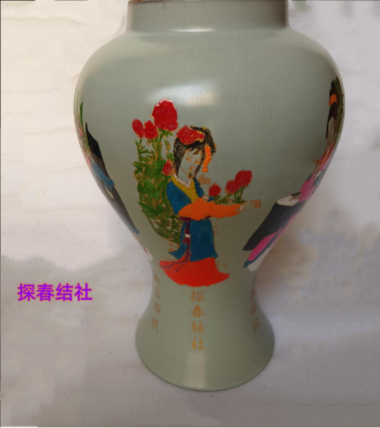 汝窑.赵佶绘彩夜光十二金钗将军罐一对