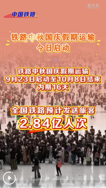全国铁路中秋国庆假期预计发送旅客2.84亿人次